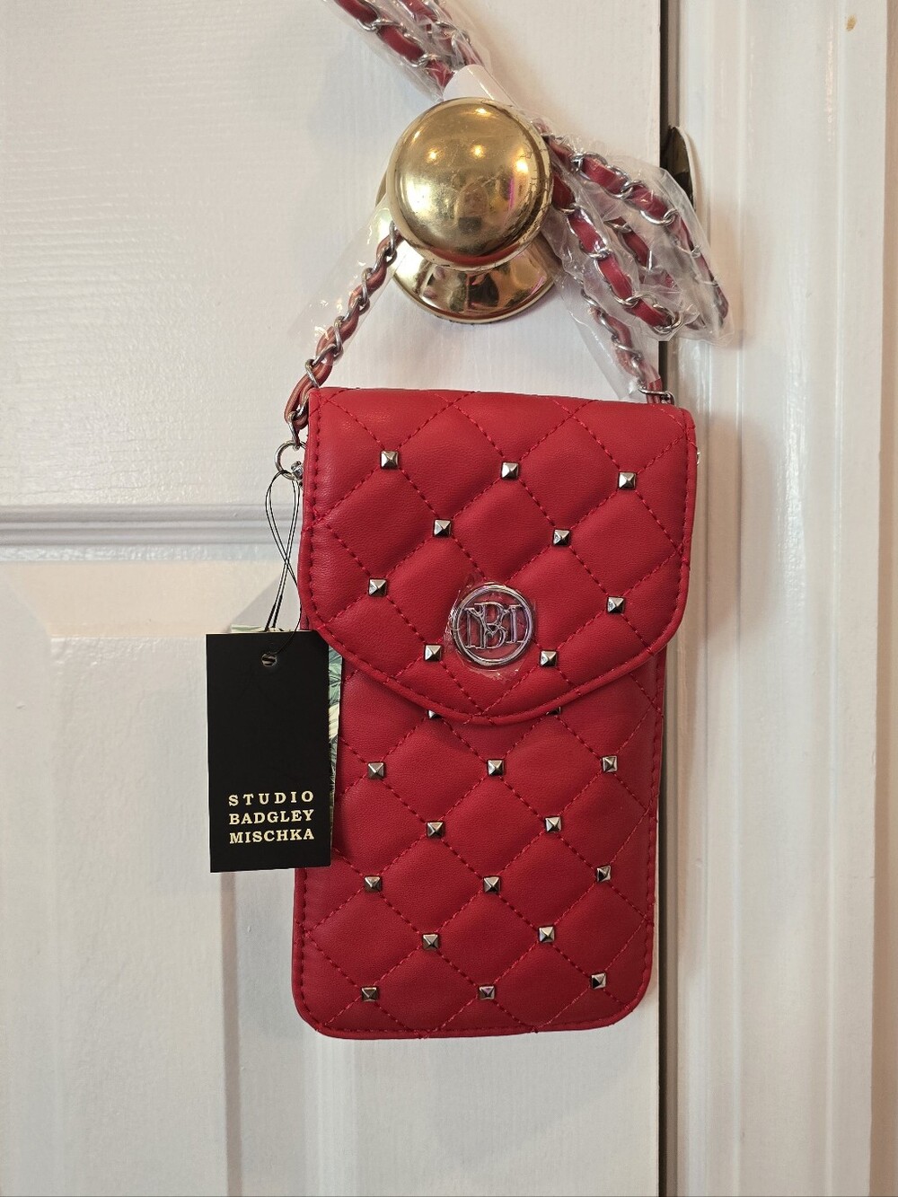 Badgley Mischka Quilted Red Phone Crossbody with Stud Accents